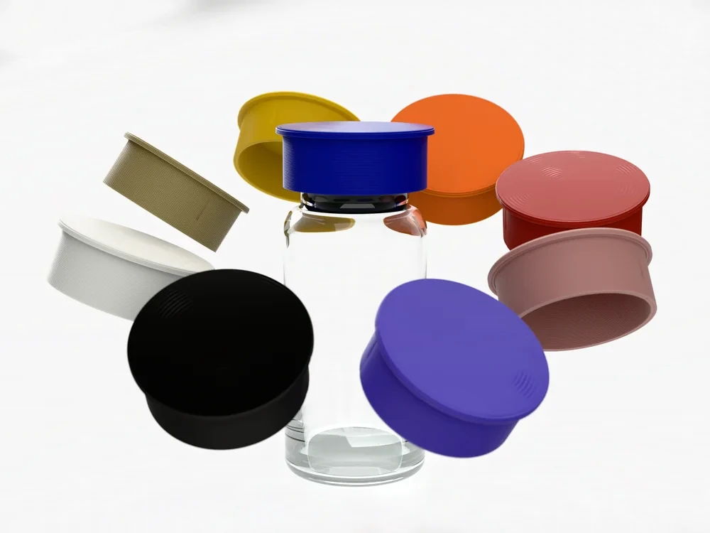 10 ml Vial Caps in assorted colors around a vial