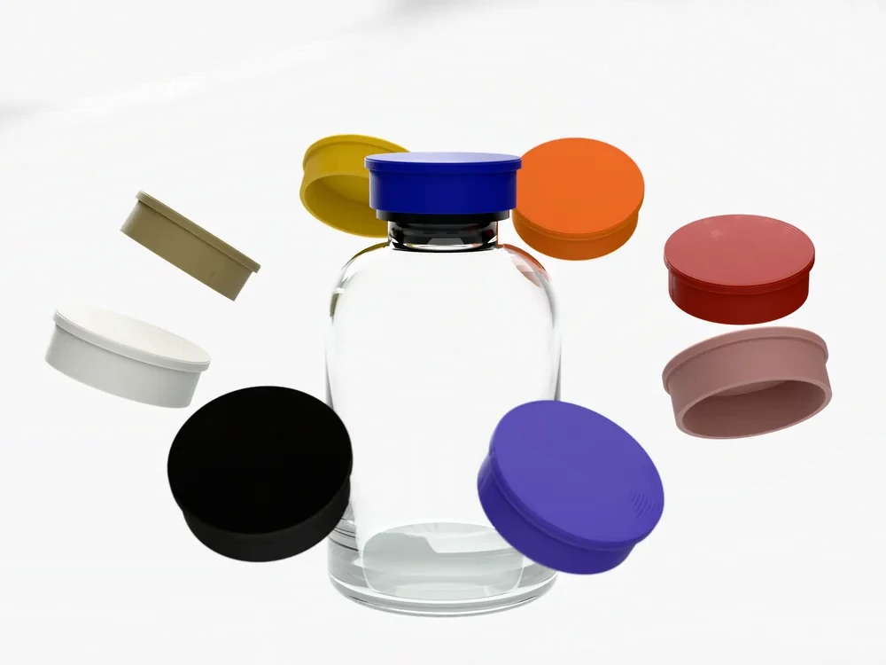 30 ml Vial Caps in assorted colors around a vial