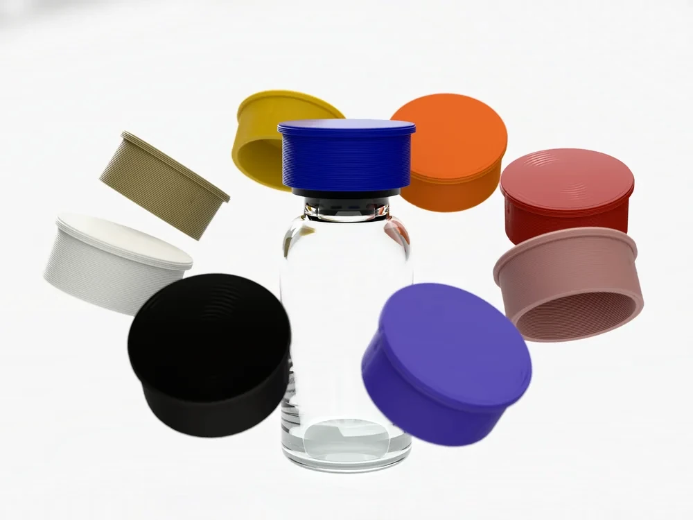 3 ml Vial Caps in assorted colors around a vial