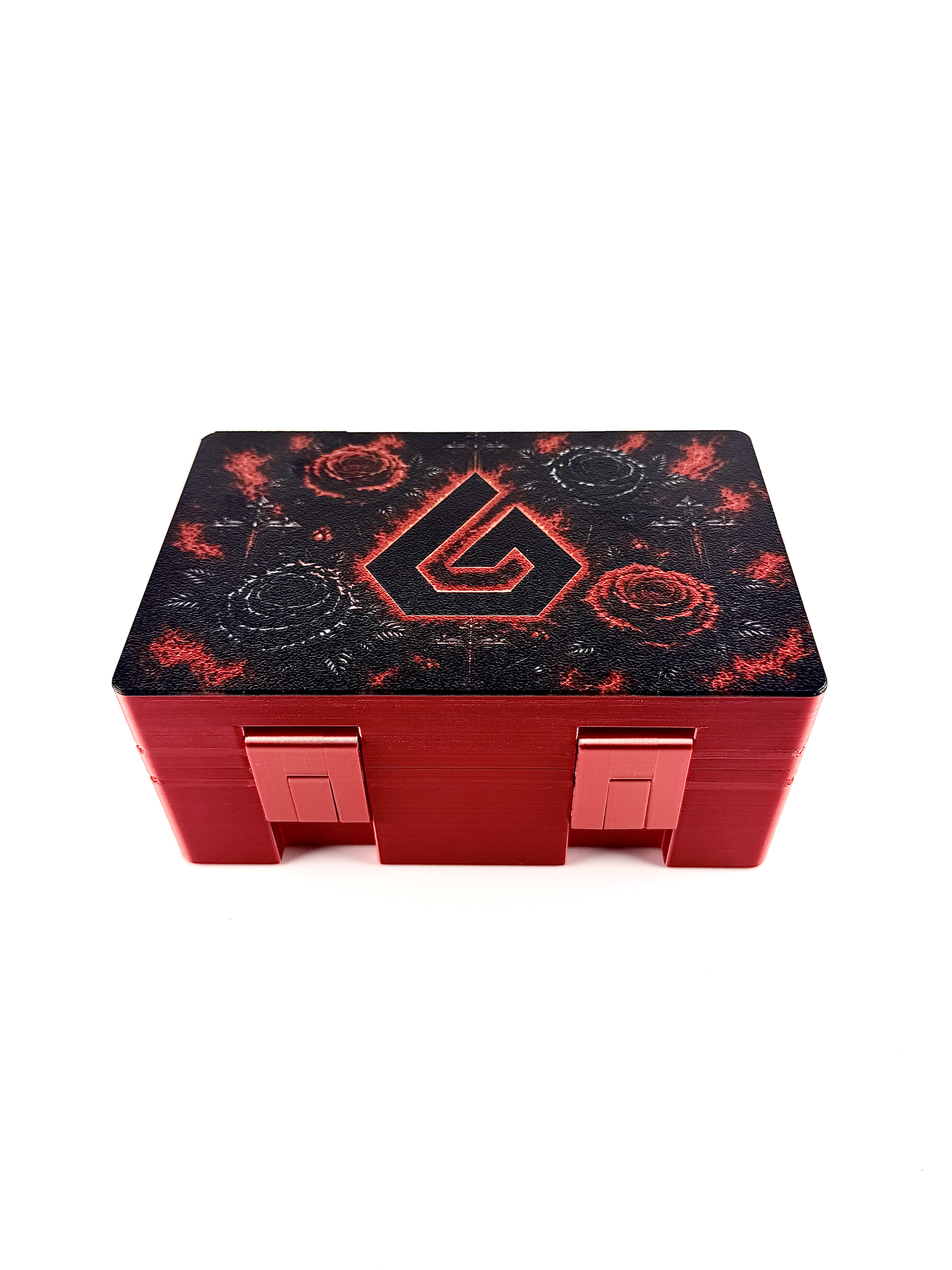 Red vial box with a full-color logo UV-printed on the lid