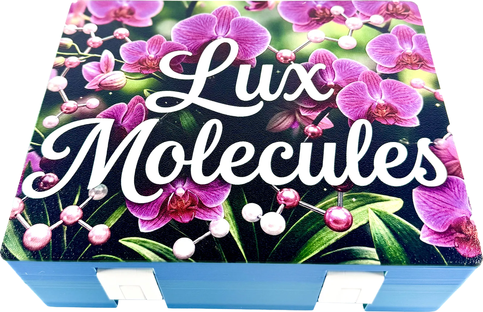 Blue vial box with full-color Lux Molecules floral logo printed on the lid
