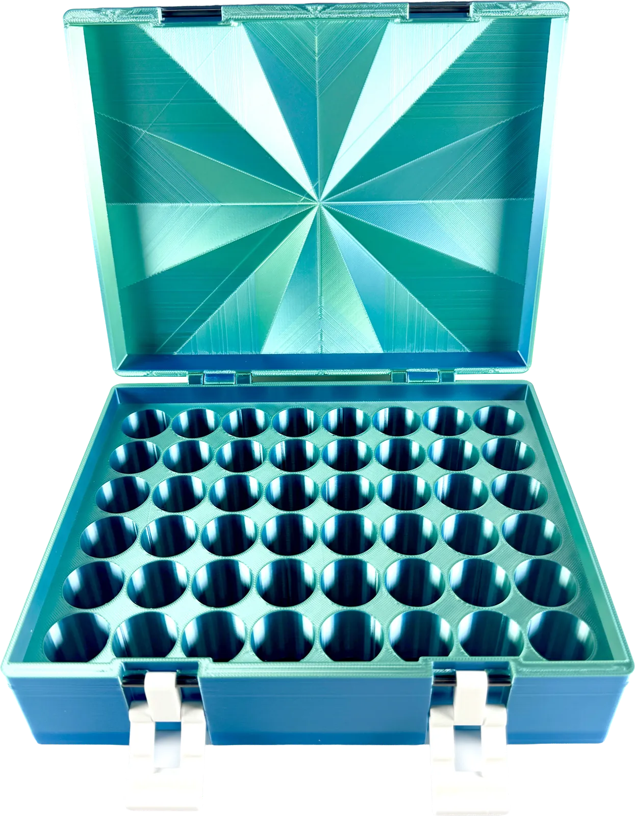 Teal vial box open, showing dark honeycomb vial rows inside