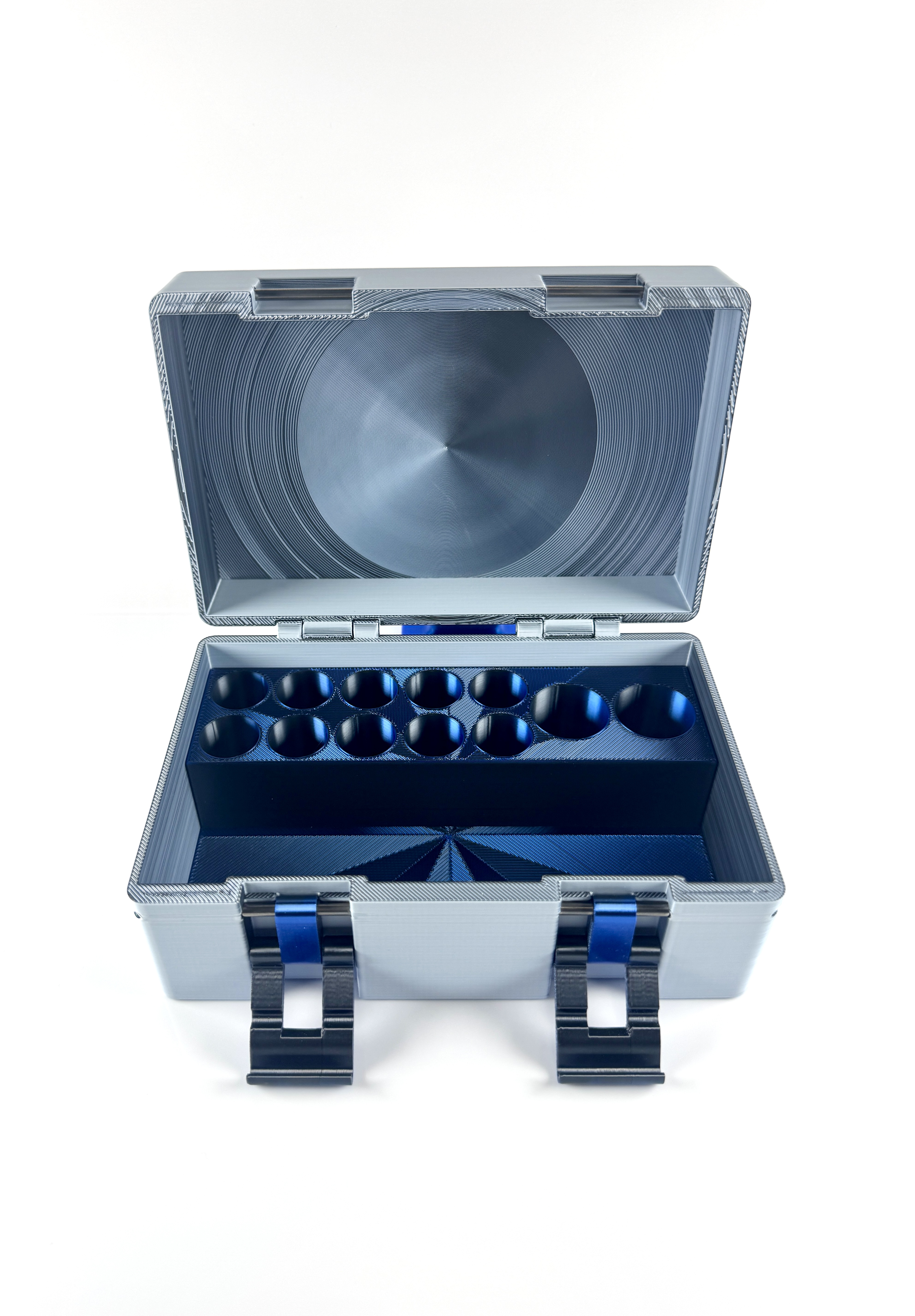 Silver and blue premium vial box open showing interior vial rows