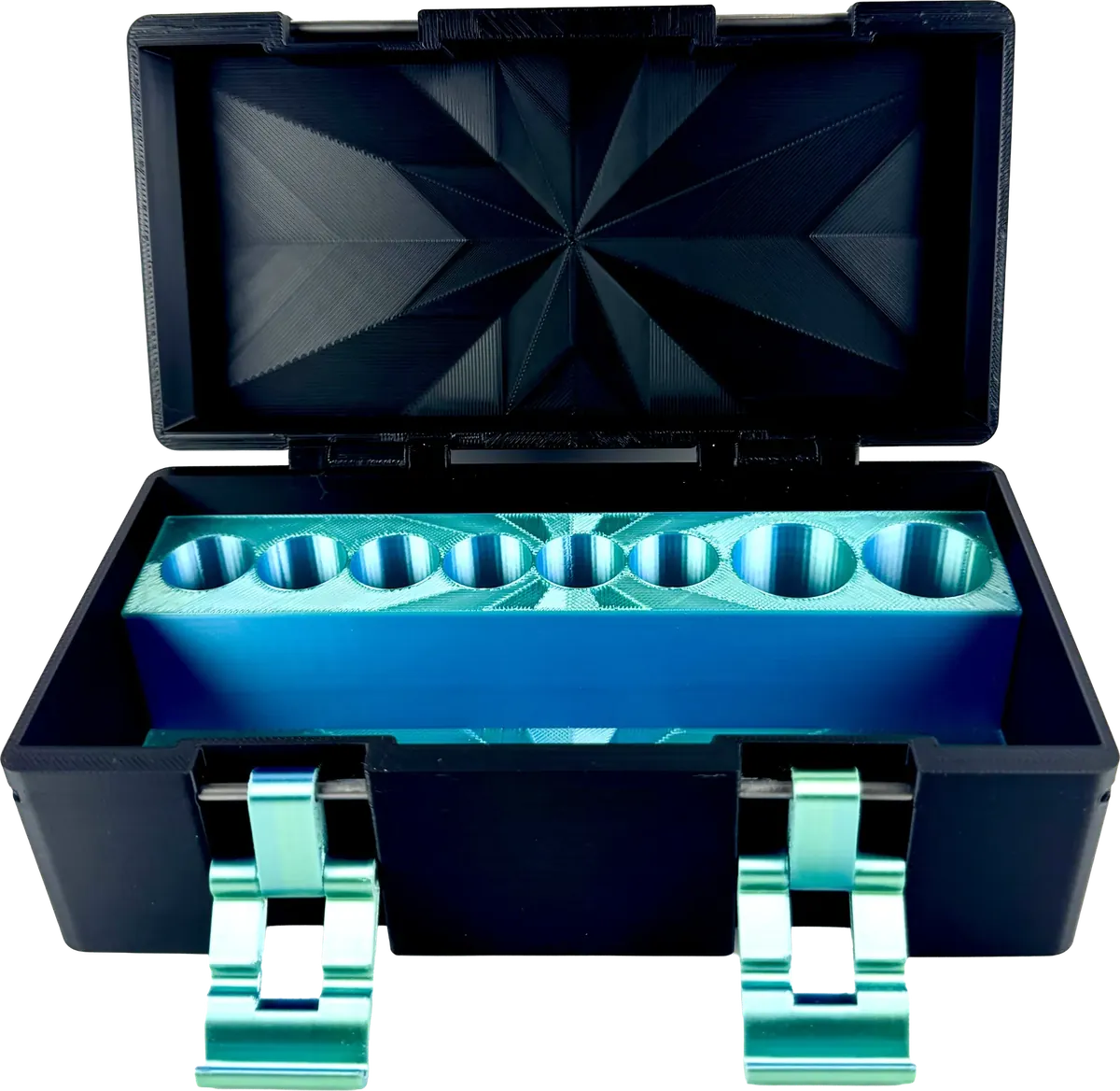 Navy vial box open, revealing a teal honeycomb interior