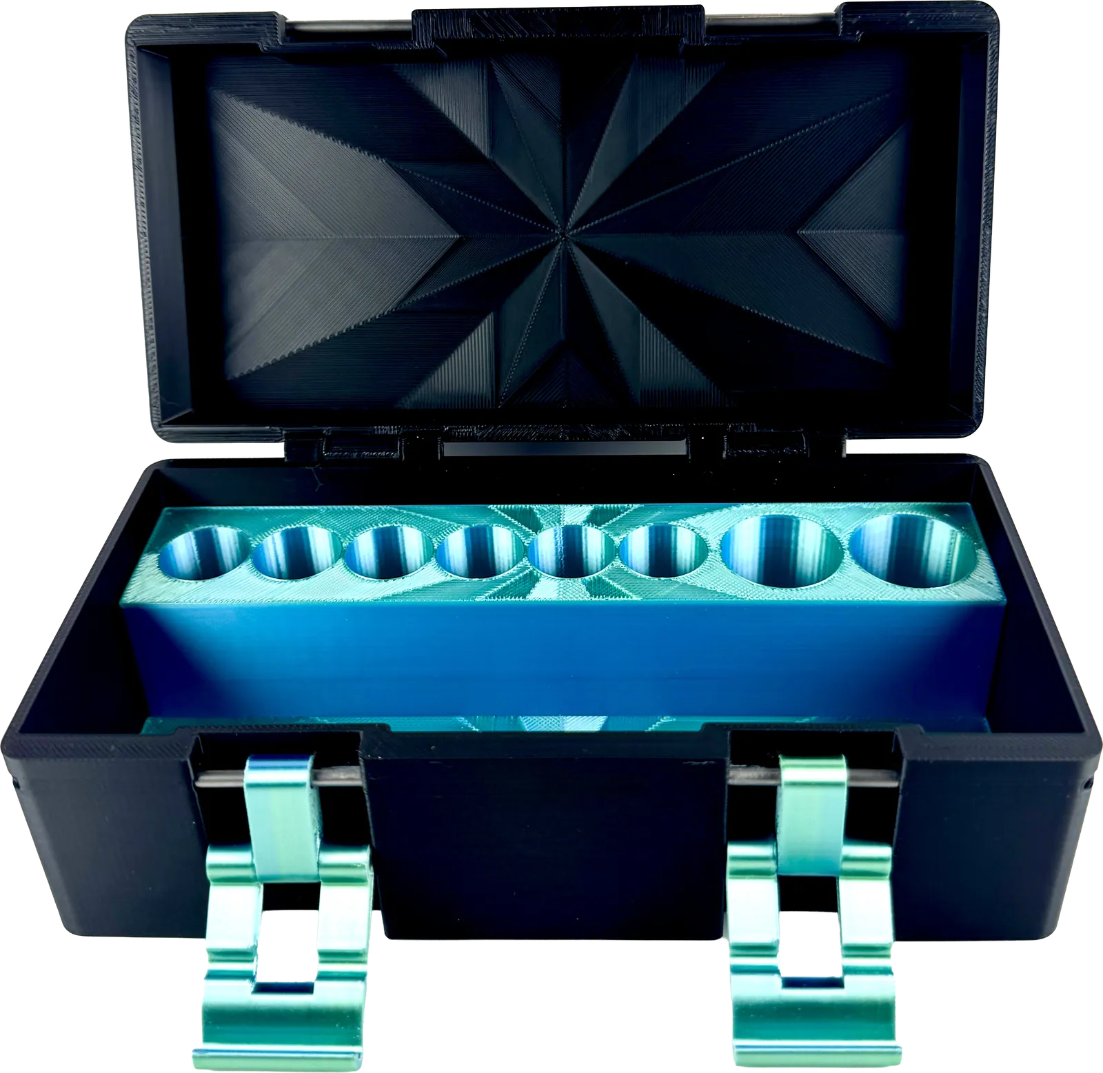 Navy vial box open, revealing a teal honeycomb interior