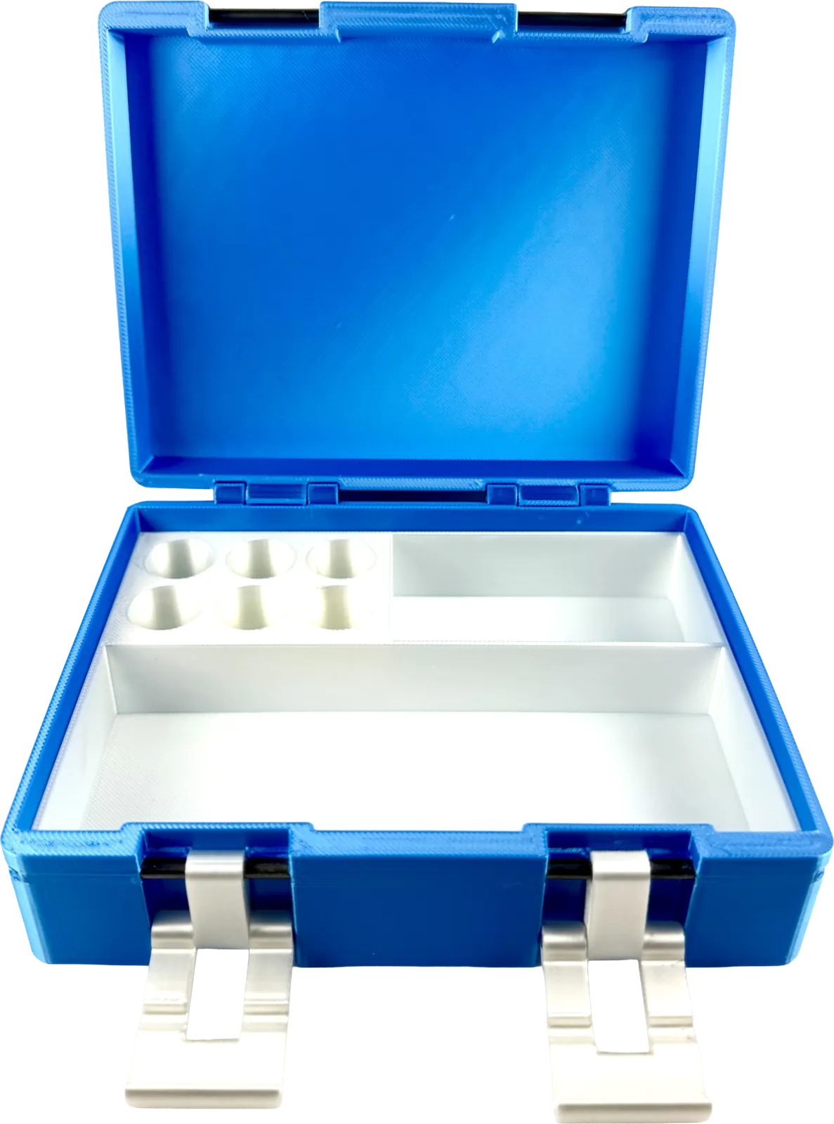 Blue vial box open, showing a white insert interior