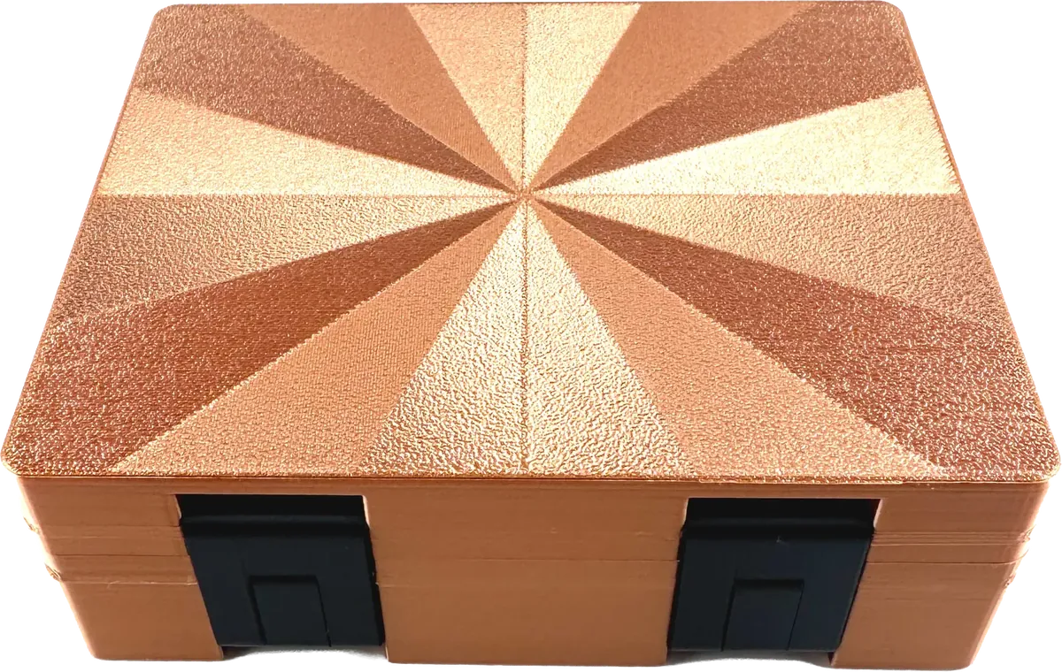Copper metallic starburst vial box, closed