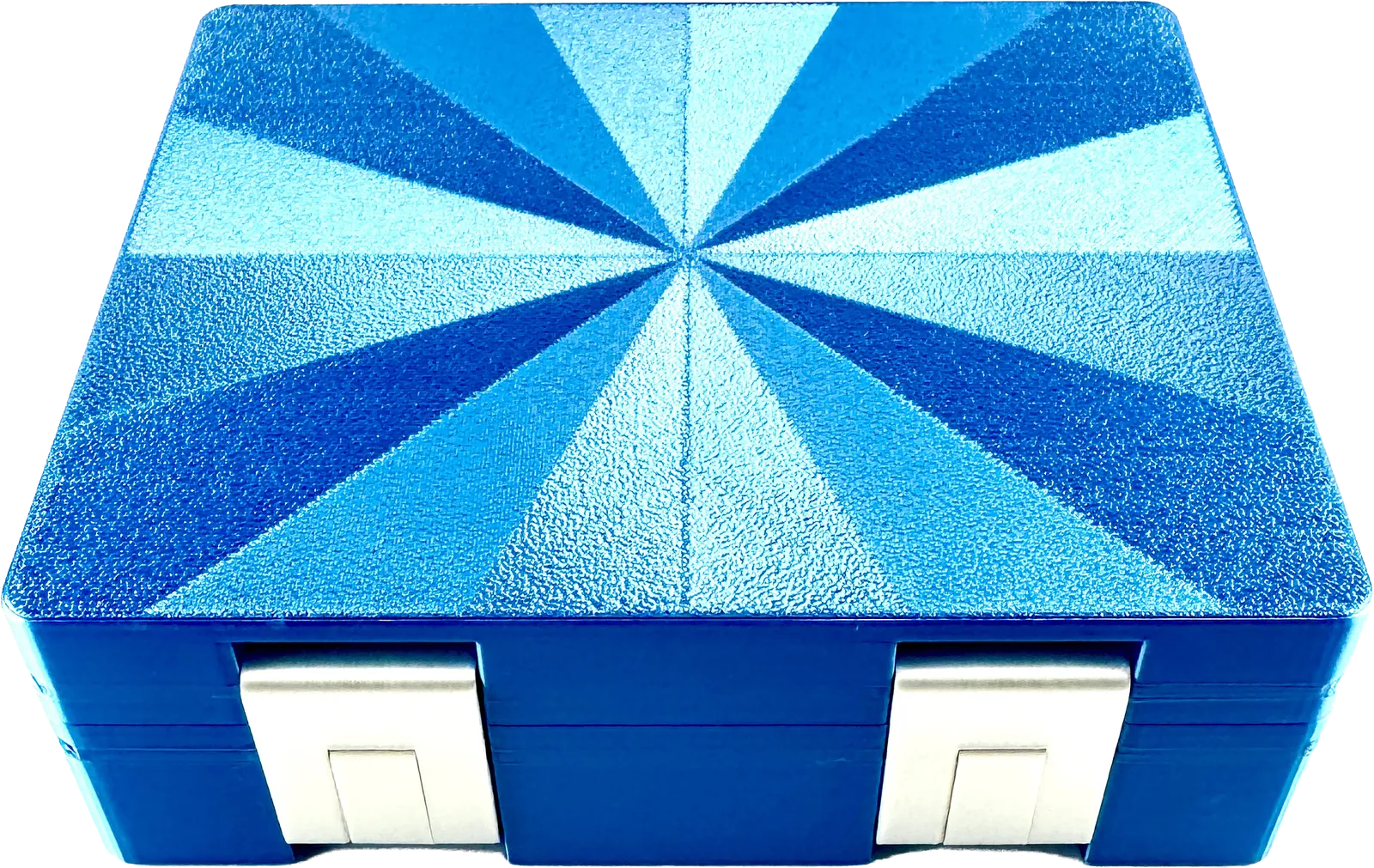 Blue metallic starburst vial box, closed