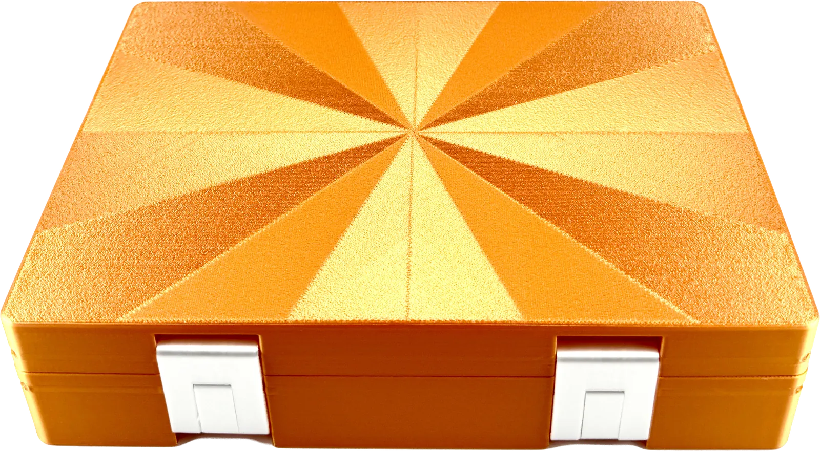 Orange metallic starburst vial box, closed