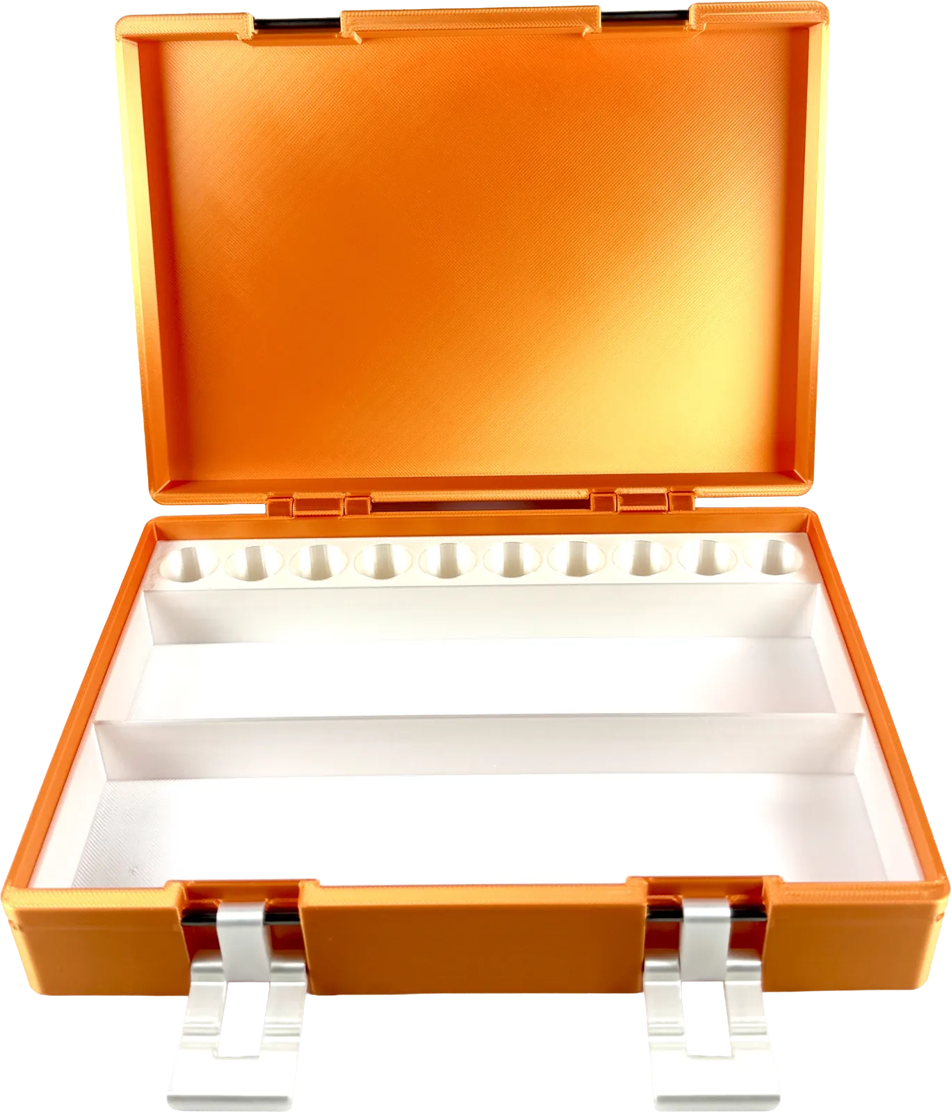 Orange vial box open, showing a white insert interior