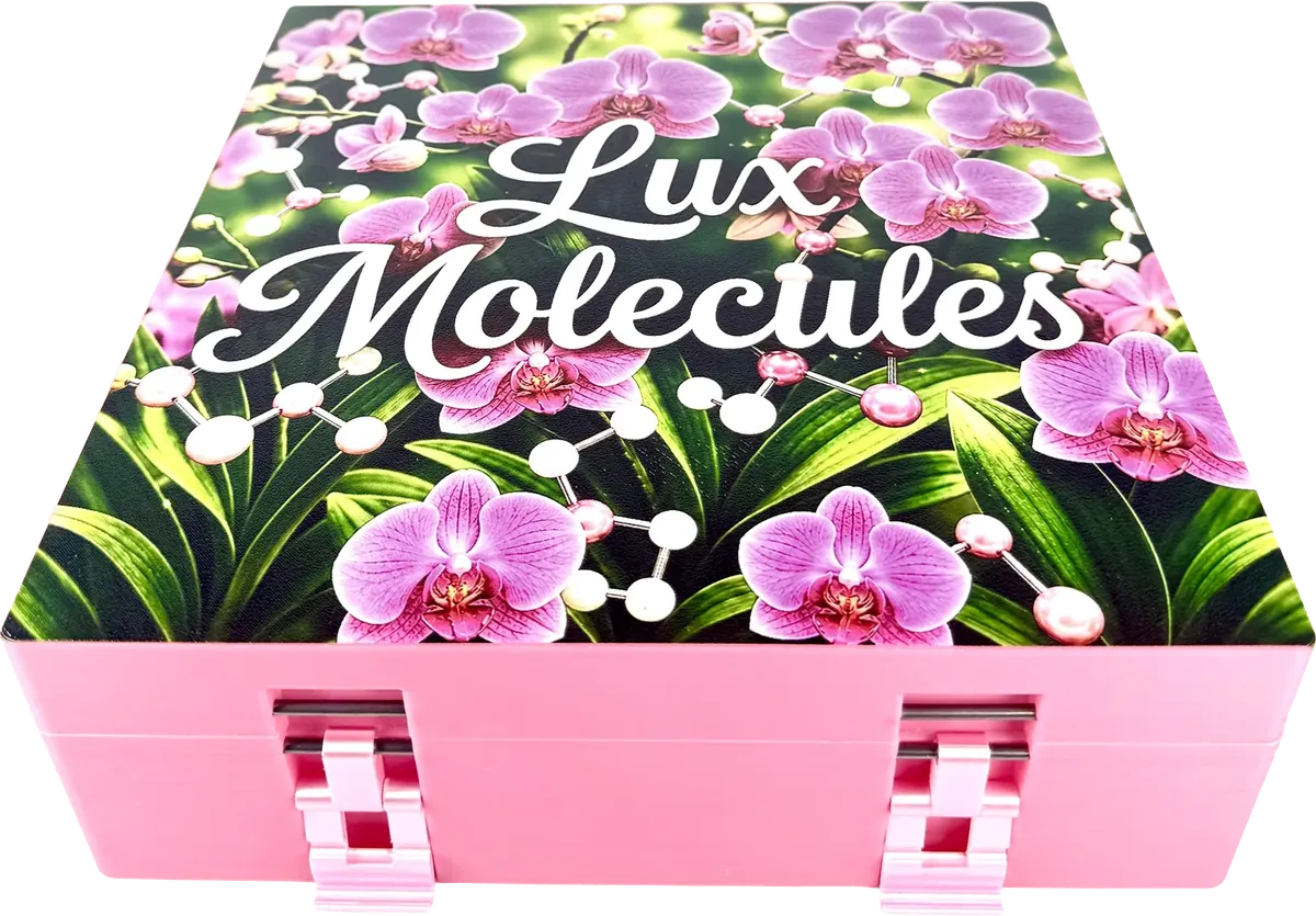 Pink vial box with the Lux Molecules floral logo printed on the lid