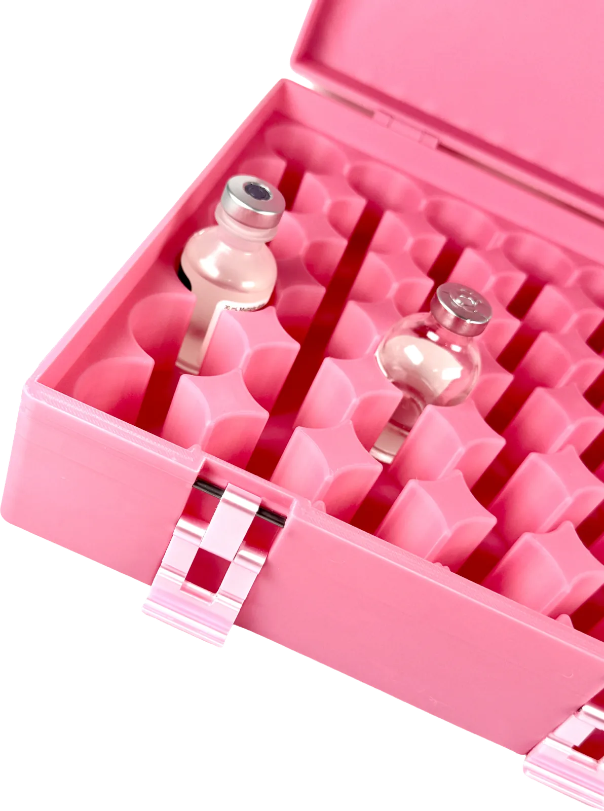 Pink vial box open, close-up of loaded vials in the holder