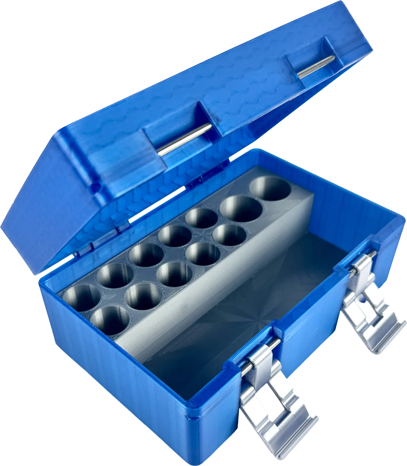 Blue vial box open, showing dark honeycomb vial rows