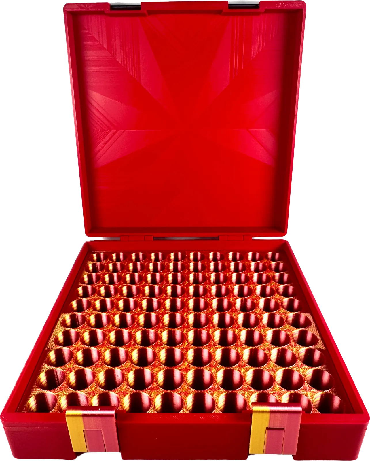 Red vial box open, fully loaded with a red vial holder