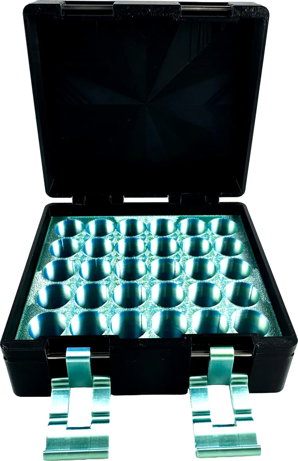 Black vial box open, revealing teal honeycomb vial rows