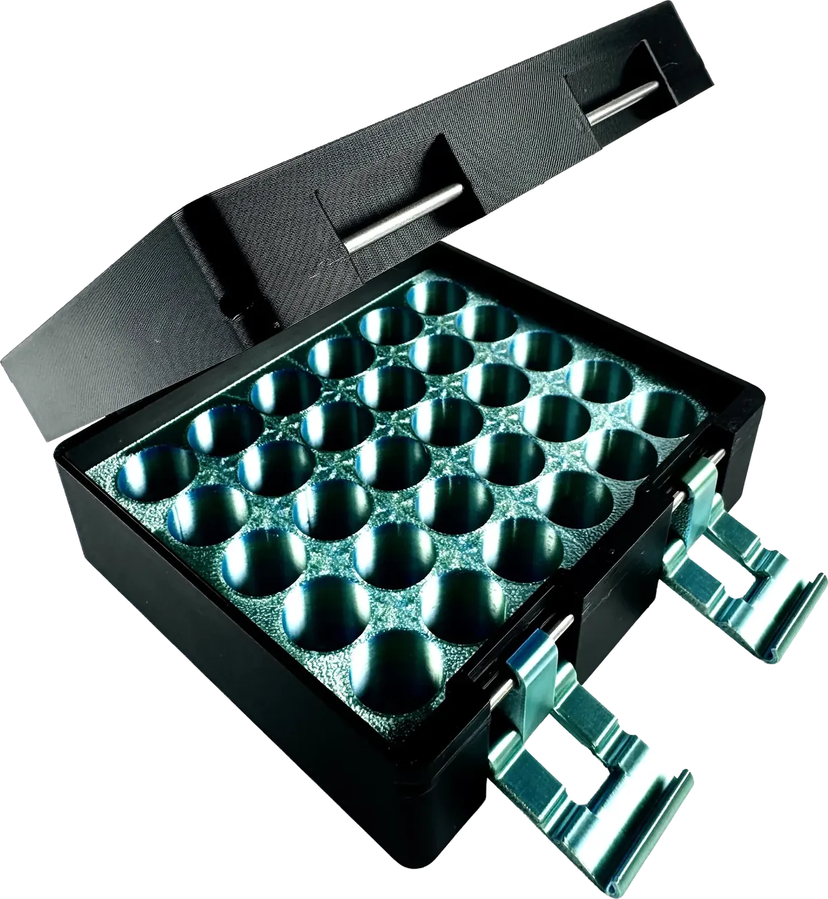 Black vial box open at an angle, revealing a teal honeycomb-grid interior with matching latch clips