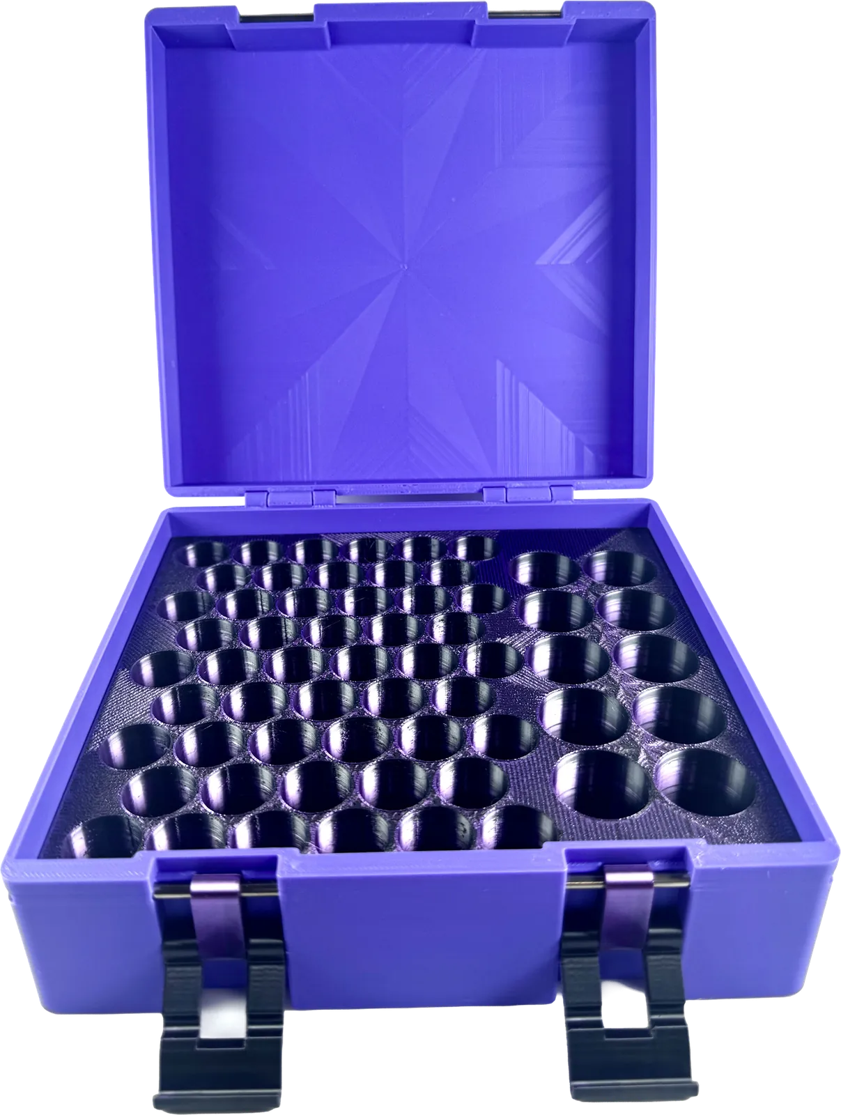 Purple vial box open, showing a full grid of purple vial rows
