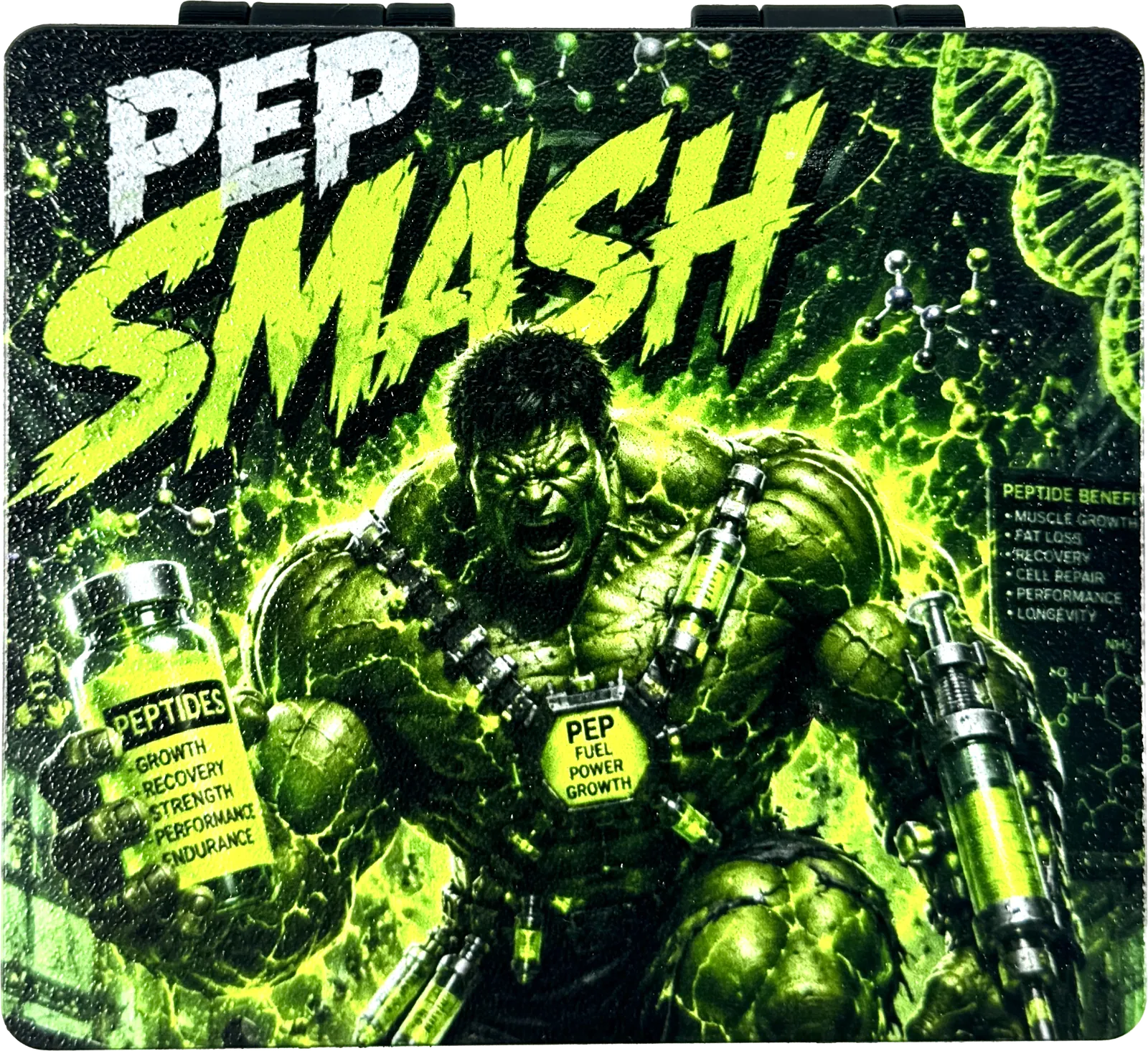 Black vial box with a full-color Pep Smash graphic UV-printed across the lid