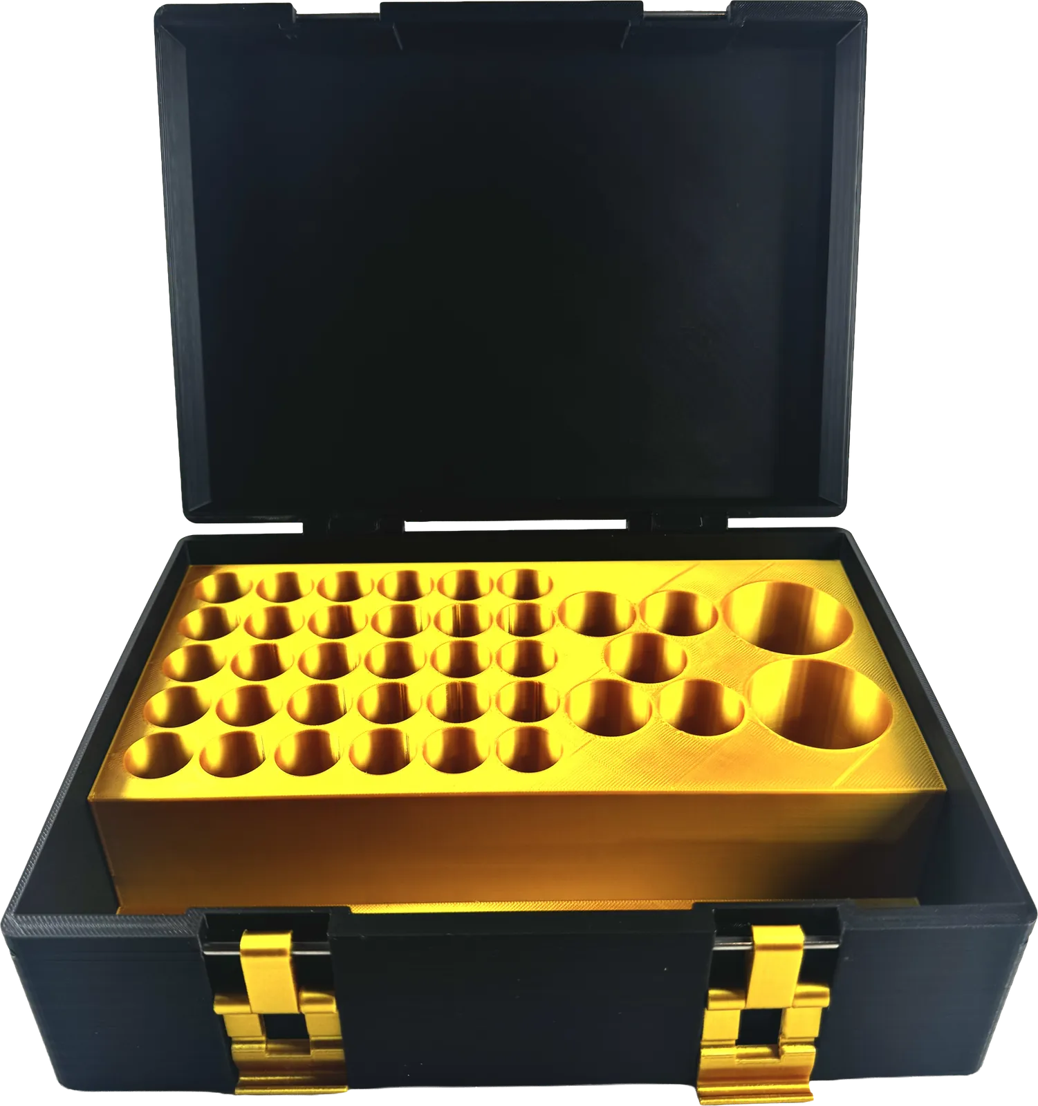 Black vial box open, loaded with gold vial rows