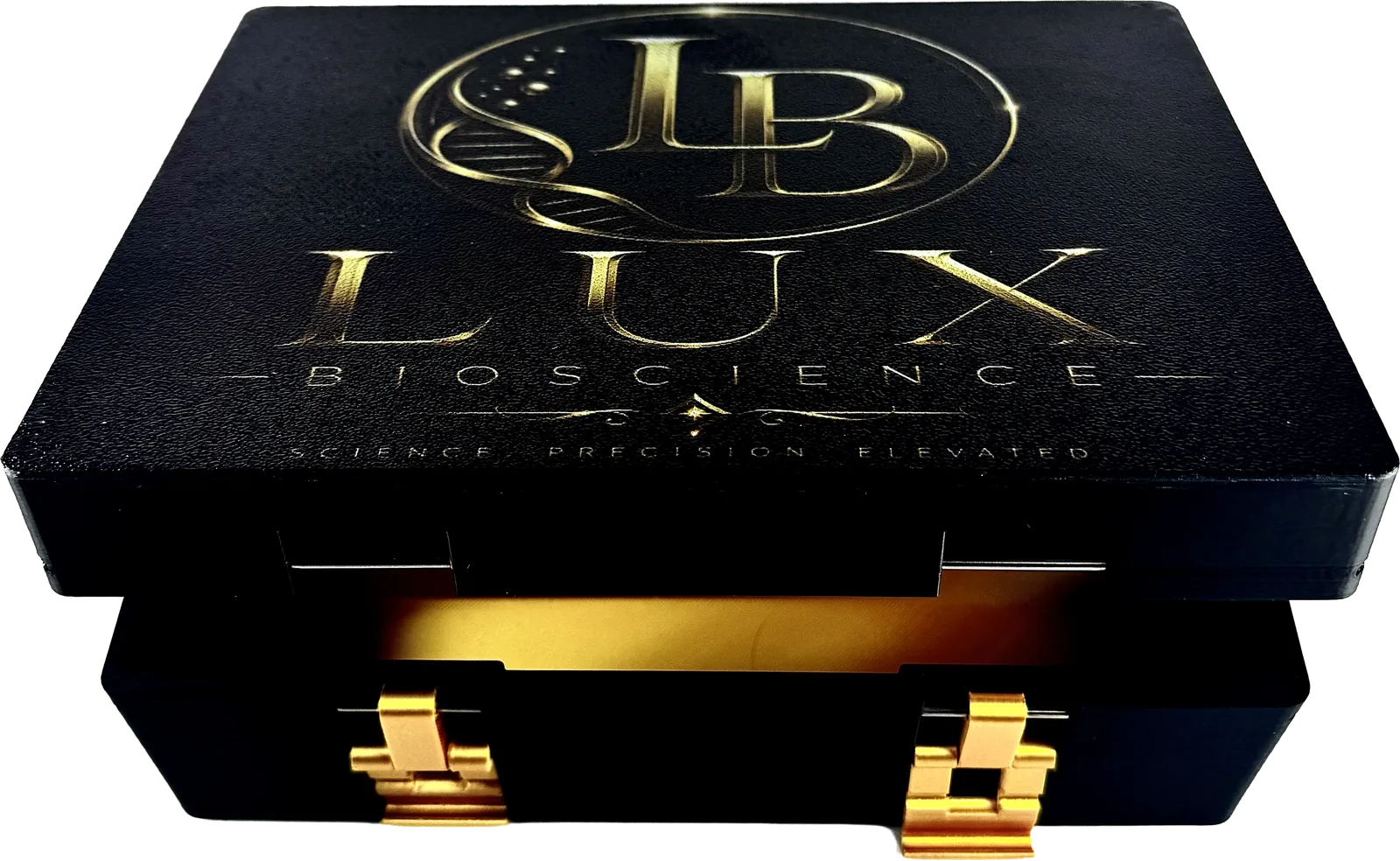 Black vial box with a gold Lux Bioscience logo printed on the lid