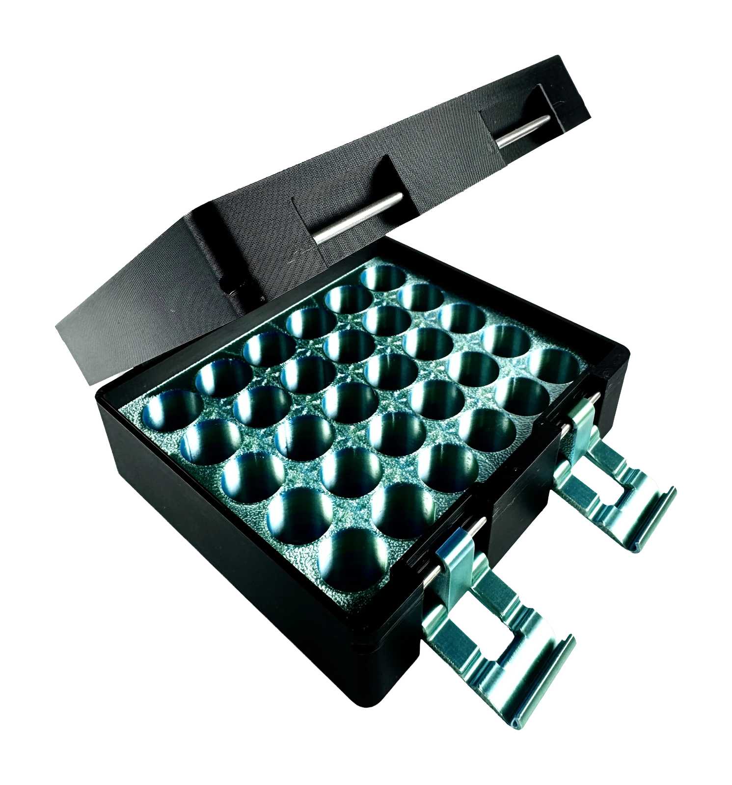 Black vial box open at an angle, revealing a teal honeycomb-grid interior with matching latch clips